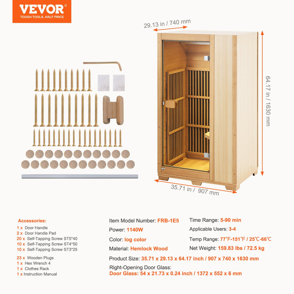 Vevor Wooden Sauna for One Person Low EMF Far Infrared Therapy 1140W New