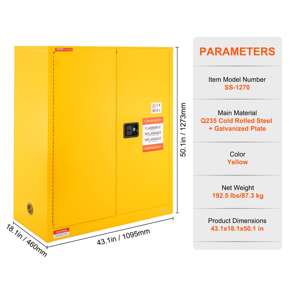 Vevor Flammable Storage Safety Cabinet 43.1" x 18.1" x 50.1" Cold-Rolled Steel 30 Gal. Capacity New