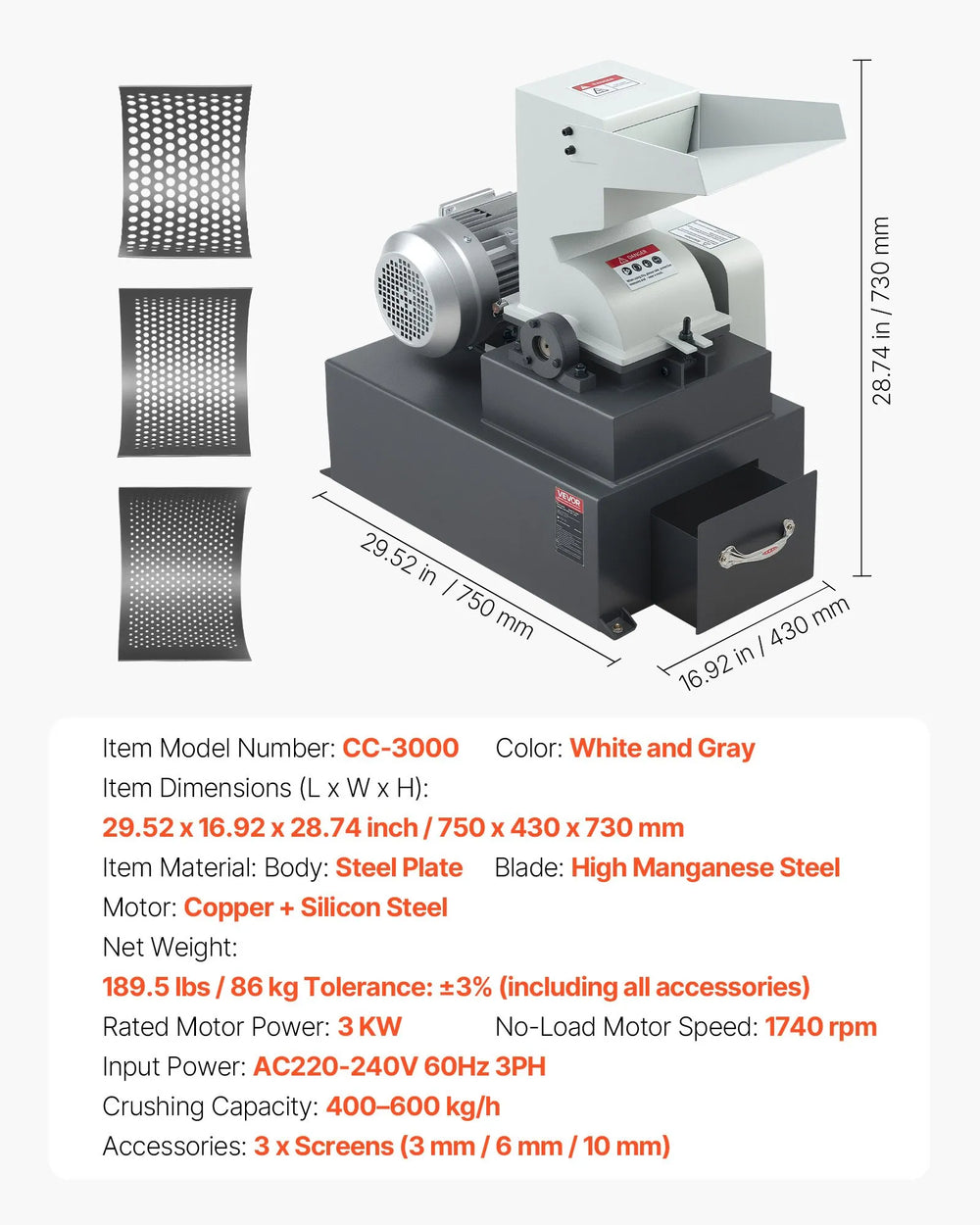 Vevor Hammer Crusher 400-600 kg/h with 3 Sieve Screens 3000W 220V New