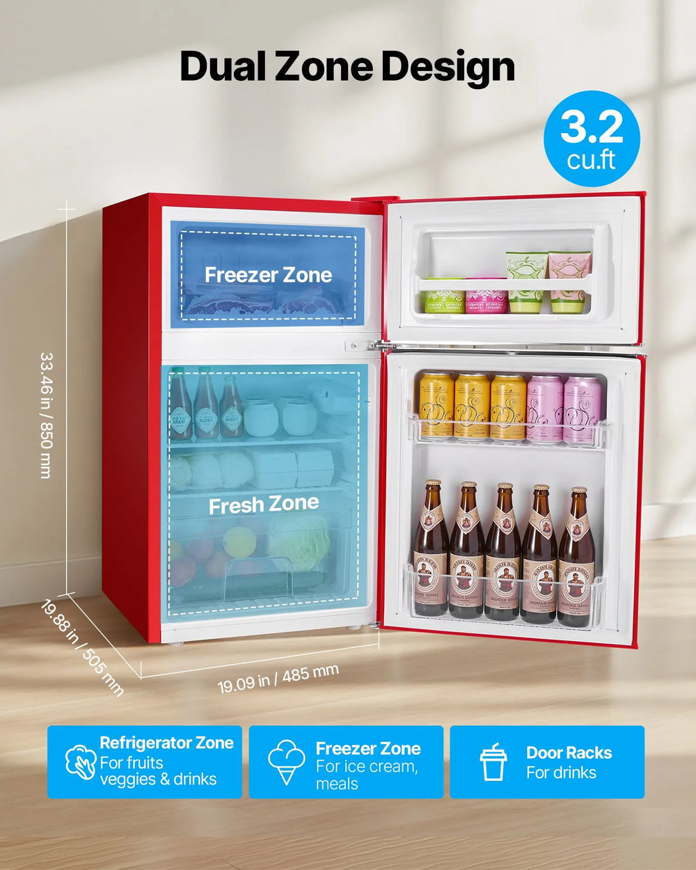Vevor Mini Fridge with Freezer 3.2 Cu. Ft with Adjustable Temperature New