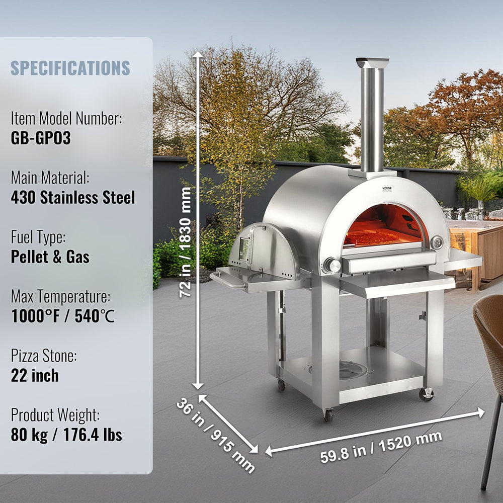 Vevor Outdoor Pizza Oven 22" Portable Pellet/Gas Powered with Casters New