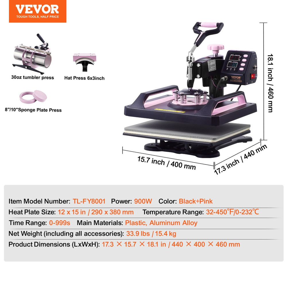 Vevor Heat Press 5-in-1 Machine 12" x 15" with 30oz Tumbler Press Black/Pink New