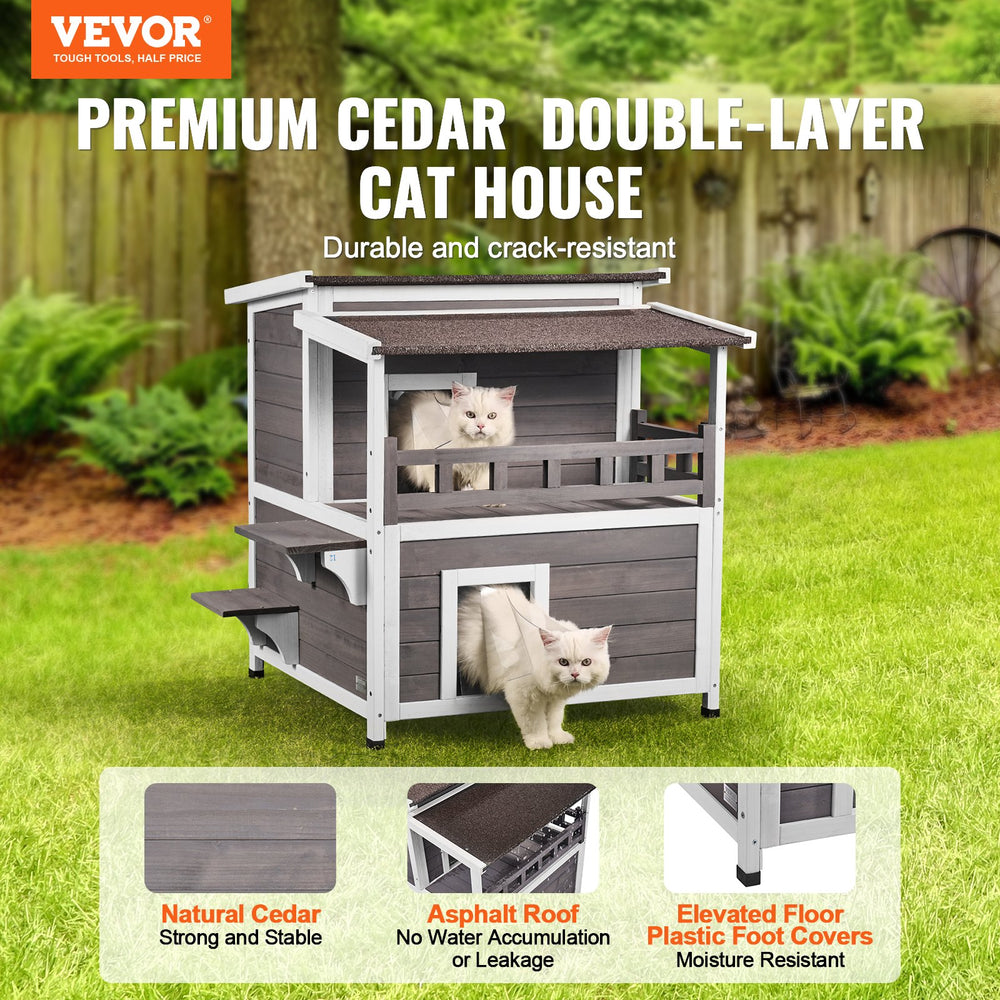 Vevor Outdoor Cat Shelter 2-Story Wooden House with Balcony & Roof New