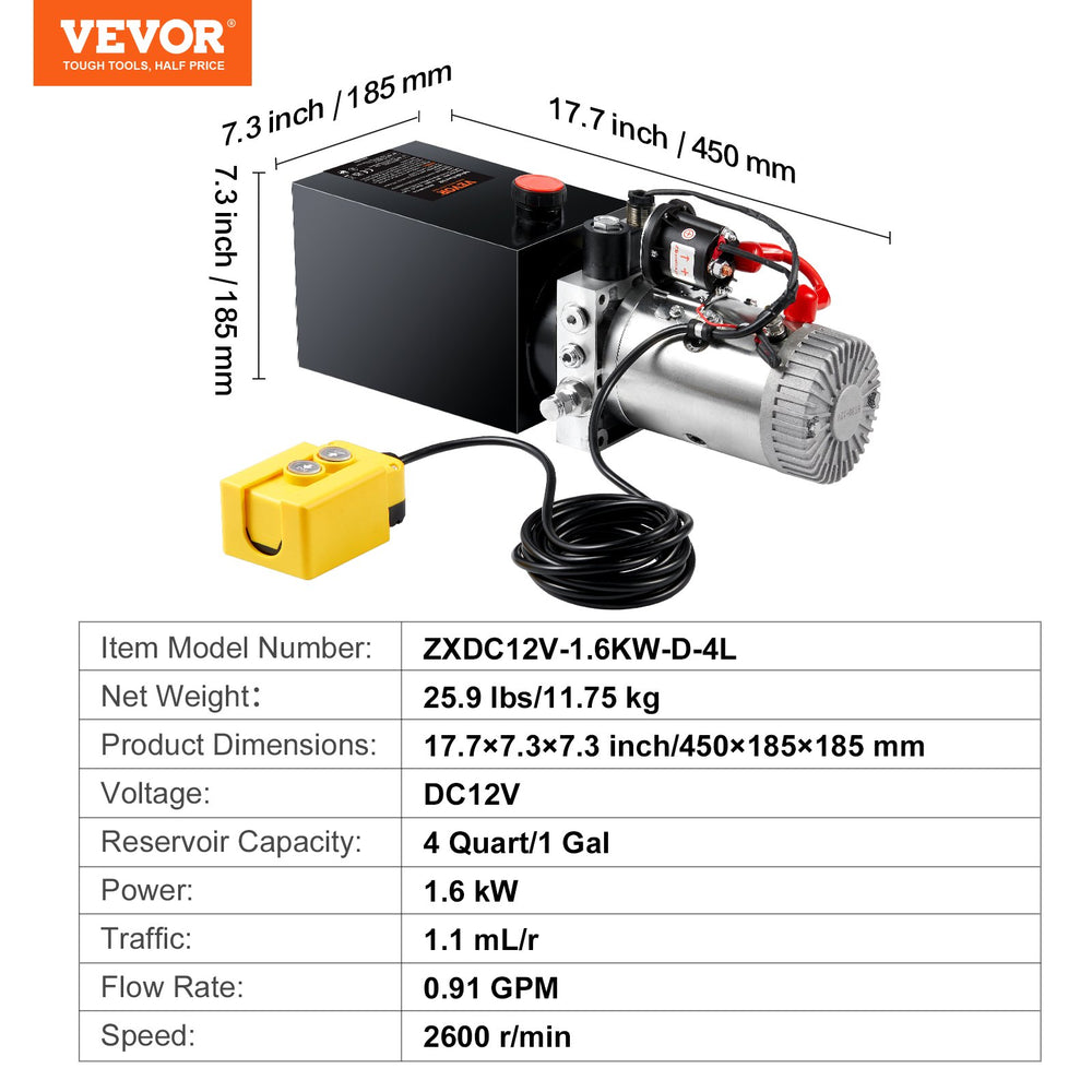 Vevor Hydraulic Pump Single Acting 4 Quart Power Unit 3200 PSI 12V New