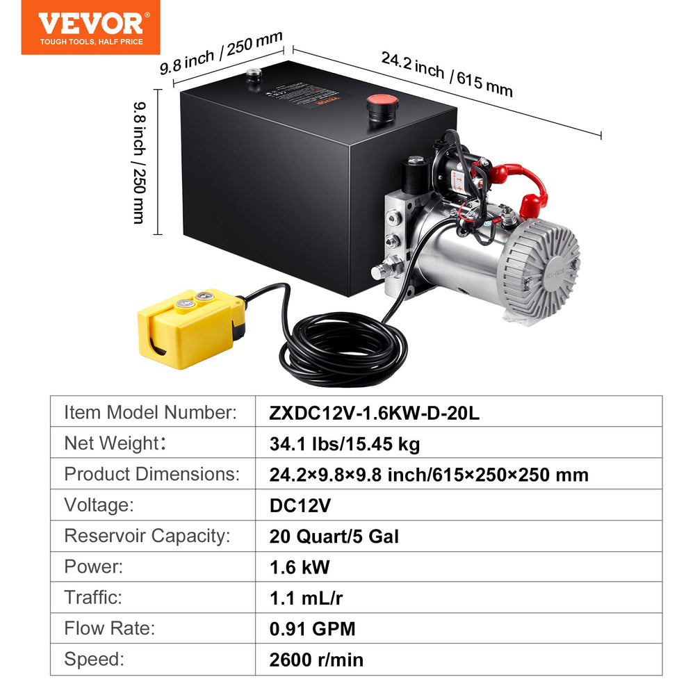 Vevor Hydraulic Pump Single Acting 20 Quart Power Unit 3200 PSI 12V New