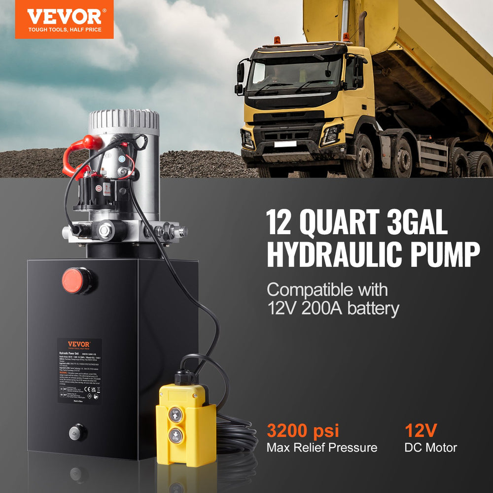 Vevor Hydraulic Pump Single Acting 12 Quart Power Unit 3200 PSI 12V New
