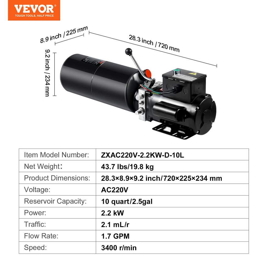 Vevor Hydraulic Pump Single Acting 10 Quart Power Unit 3200 PSI AC 220V New