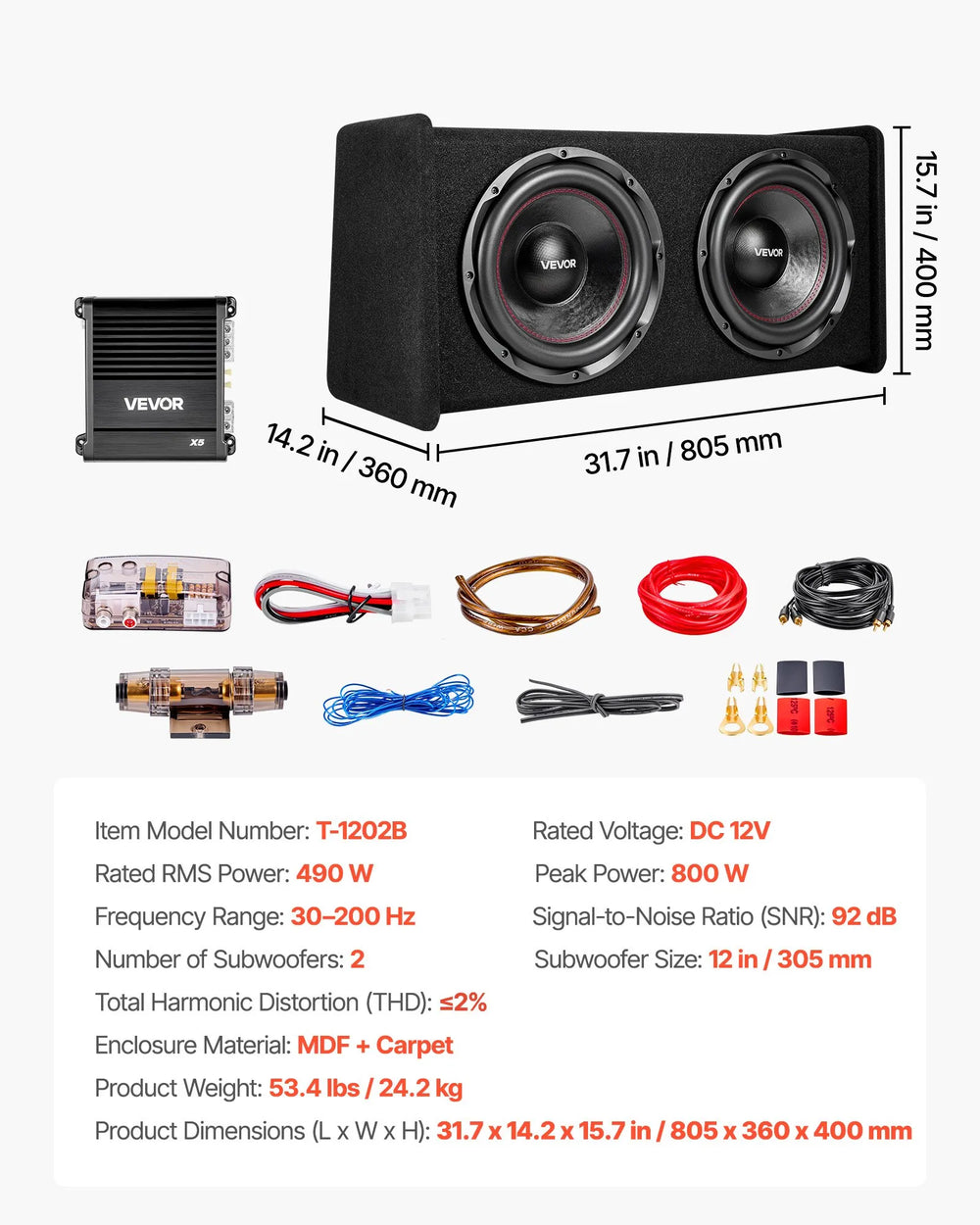 Vevor Subwoofer and Amp Car Audio Package Dual 12 in. with Wiring Kit 490W New