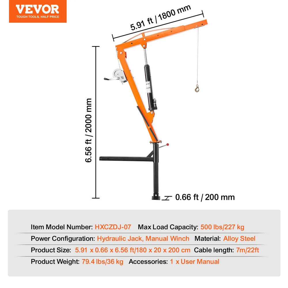Vevor Hydraulic Crane Hoist for Pickup Truck 360° Rotation 500 Lbs Load Capacity New