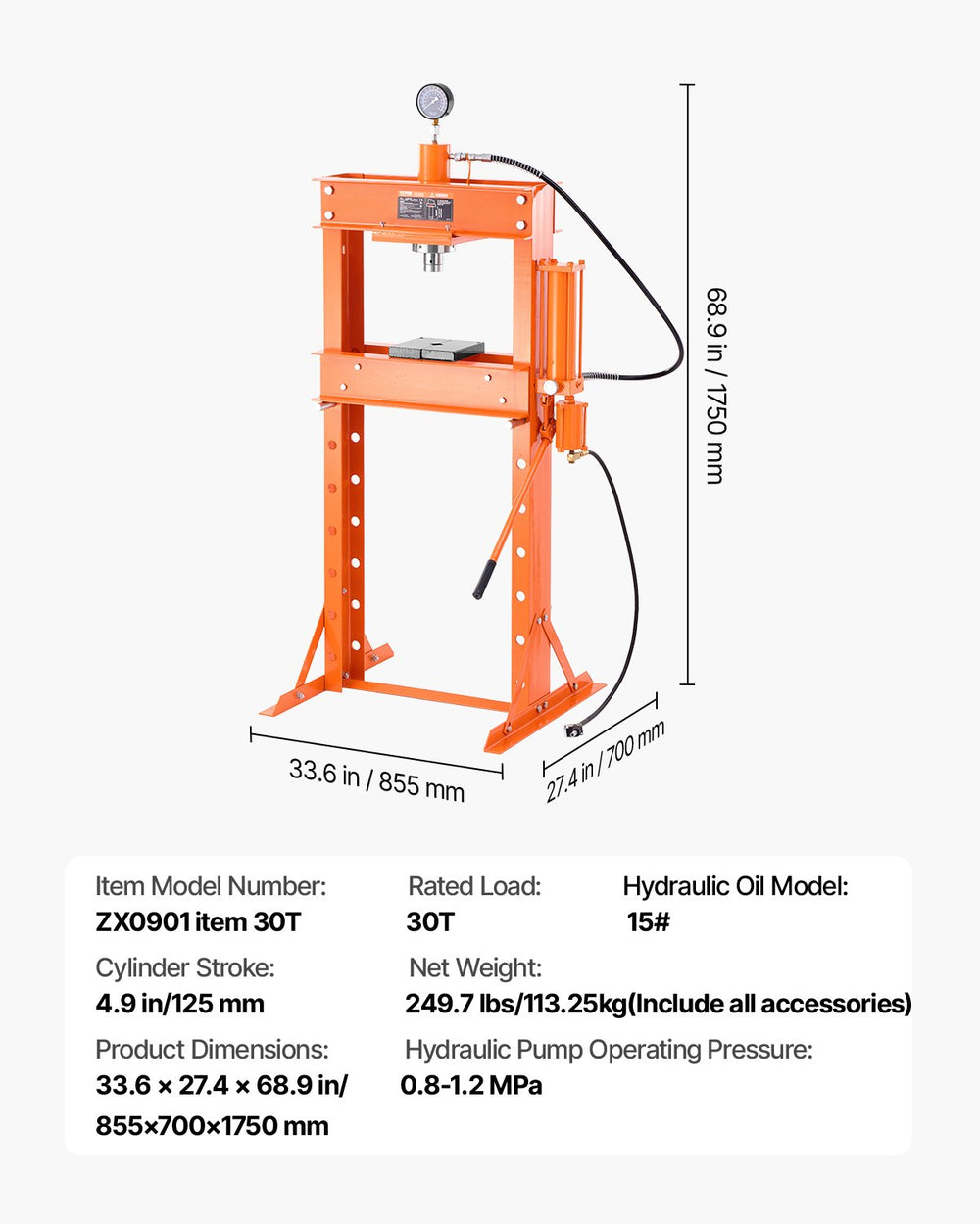 Vevor Hydraulic Shop Press 30 Ton with Press Plate New