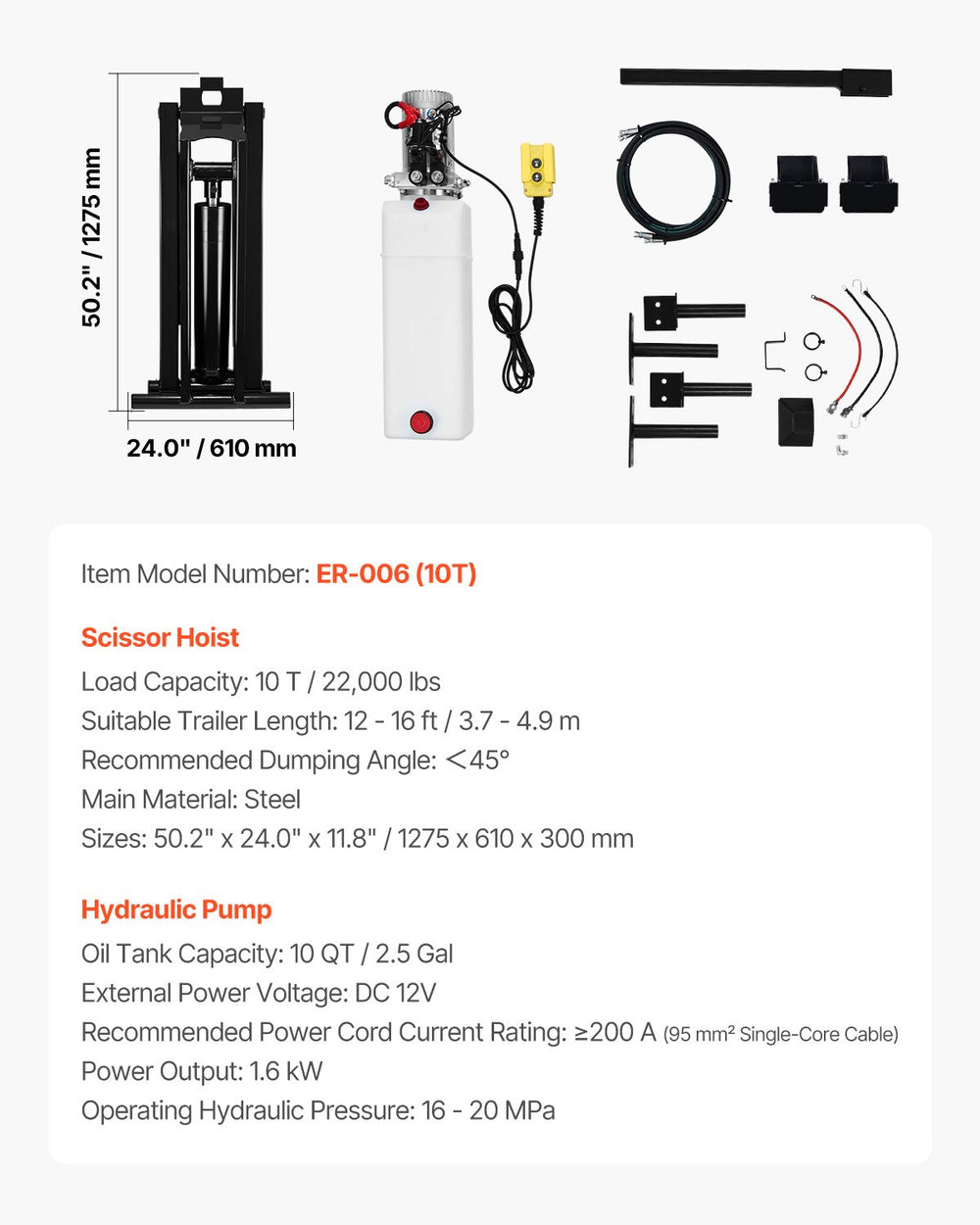 Vevor Hydraulic Dump Lift Kit for 12-16 Ft Trailers 10T Capacity Scissor Hoist New