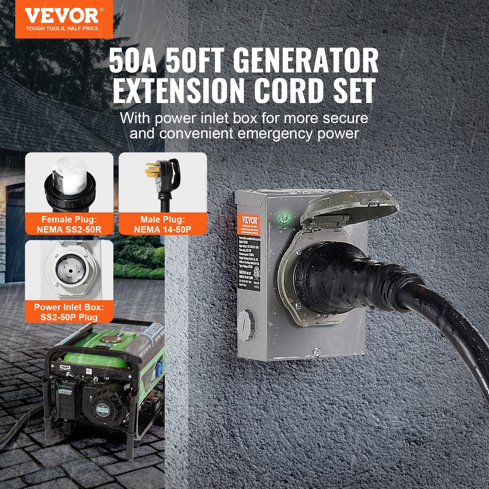 Vevor Generator Power Cord and Inlet Box 50 Ft. 50 Amp NEMA