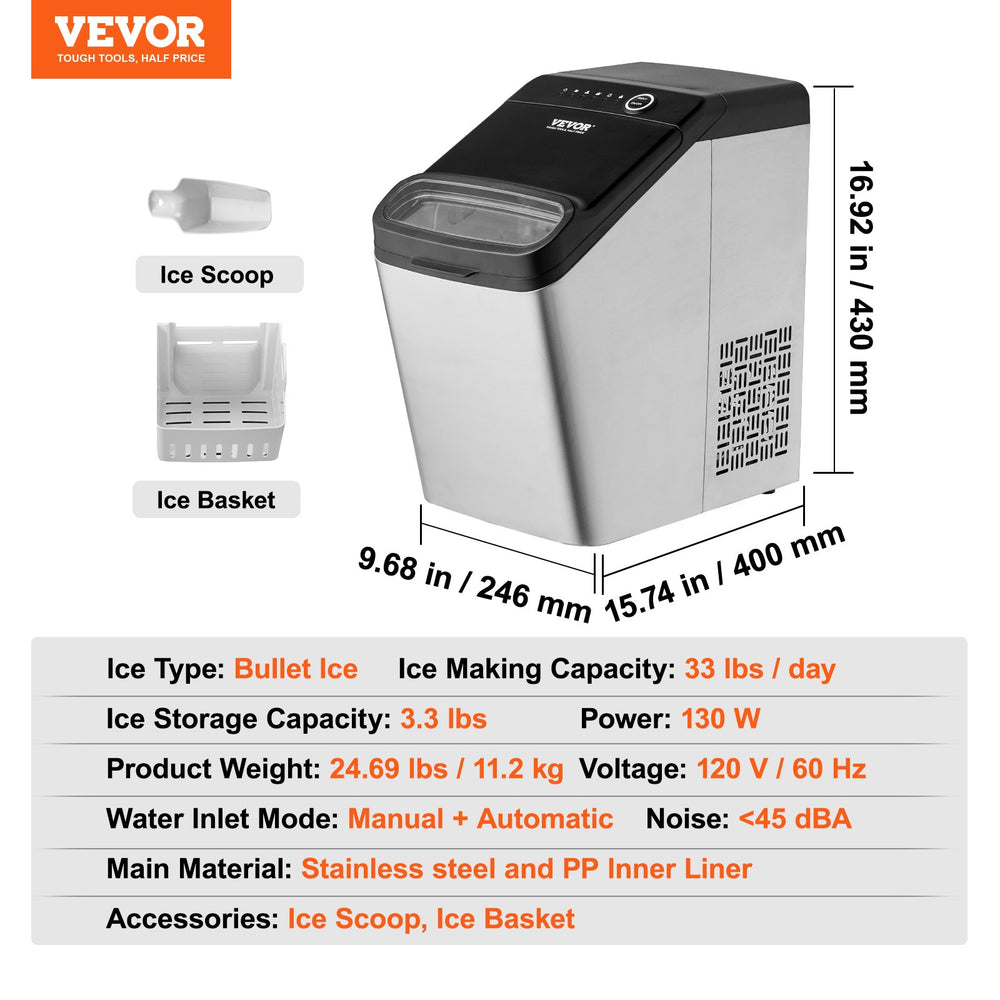 Vevor Countertop Ice Maker 33 Lbs in 24 Hrs Self-Cleaning Portable New