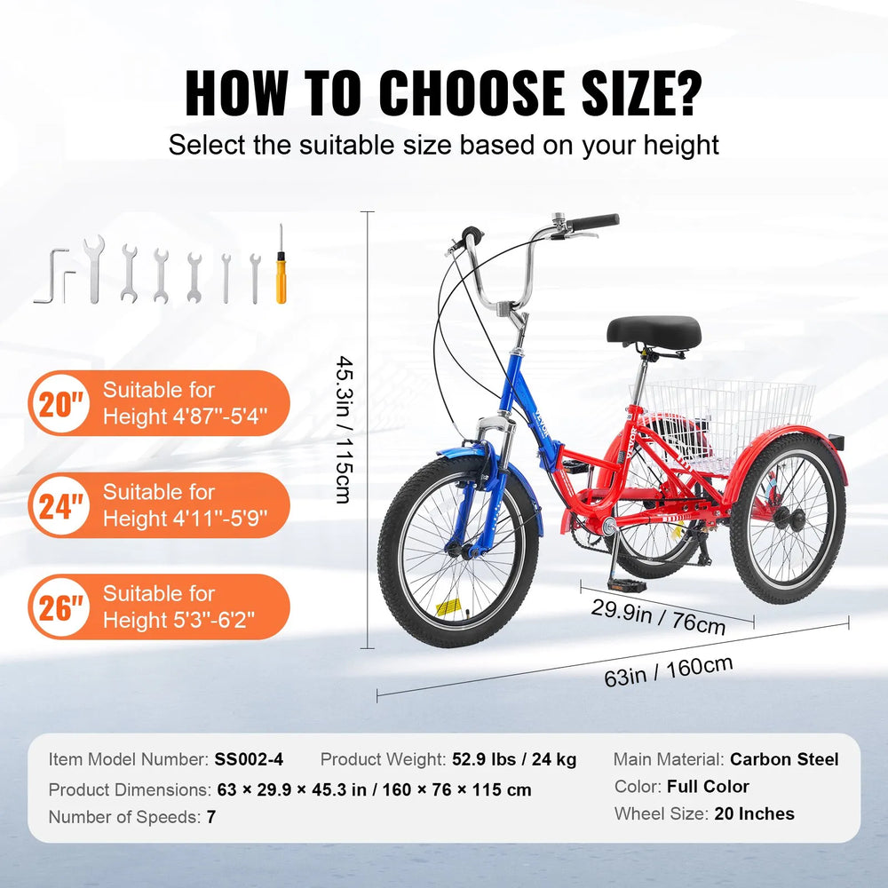 Vevor Folding Adult Tricycle 20-Inch 7-Speed with Basket & Adjustable Seat New