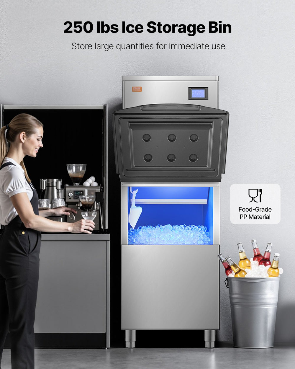 Vevor Commercial Ice Maker 360 Lbs Per Day with 205 Lbs Storage Bin Auto Self-Cleaning New