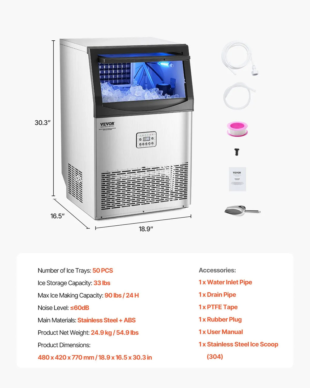 Vevor Ice Maker Machine 90 lbs/24H with 33 lbs Storage Drain Pump Self-Cleaning New