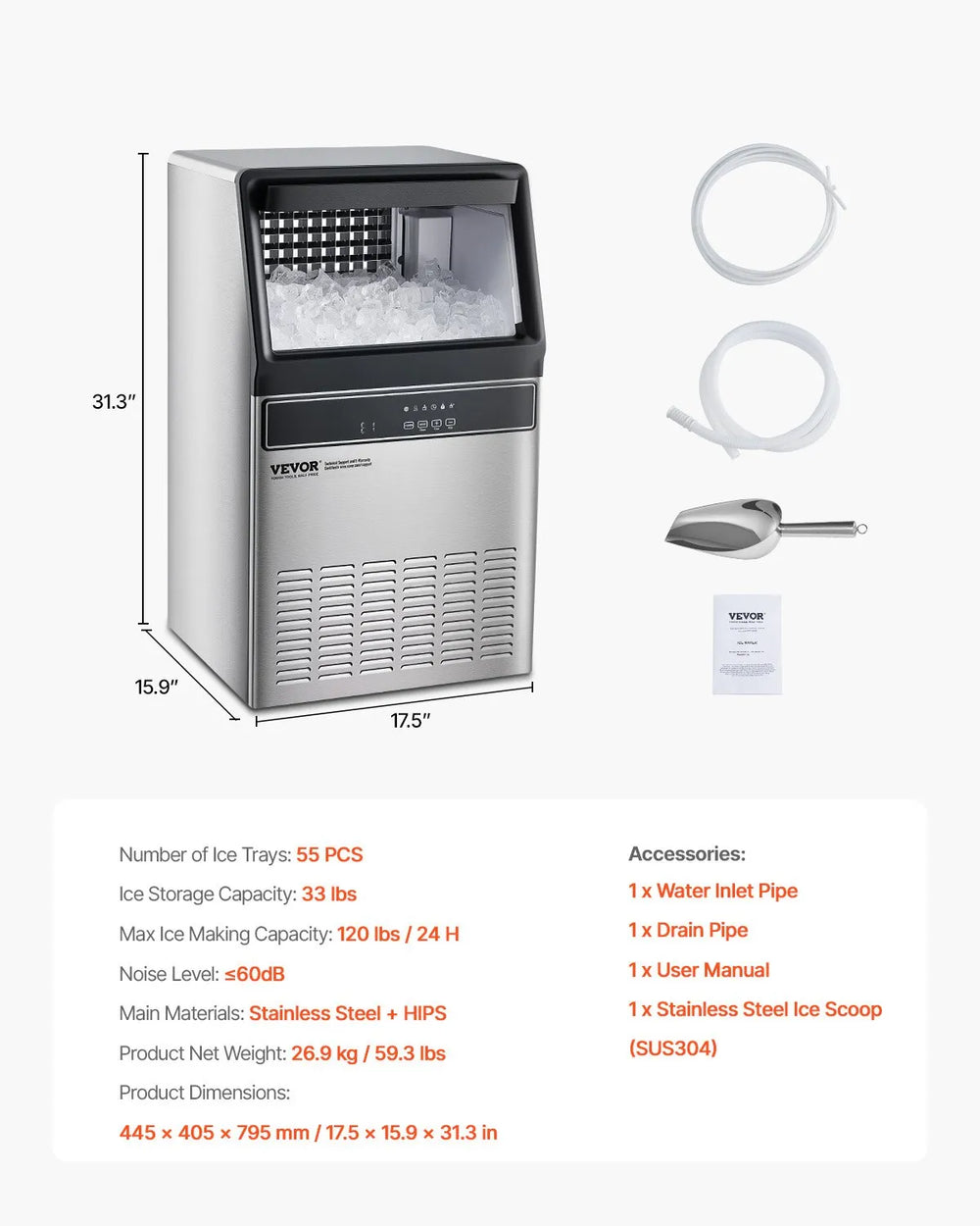 Vevor Commercial Ice Maker 120 lbs/24H with Drain Pump 33 lbs Storage Self-Cleaning New