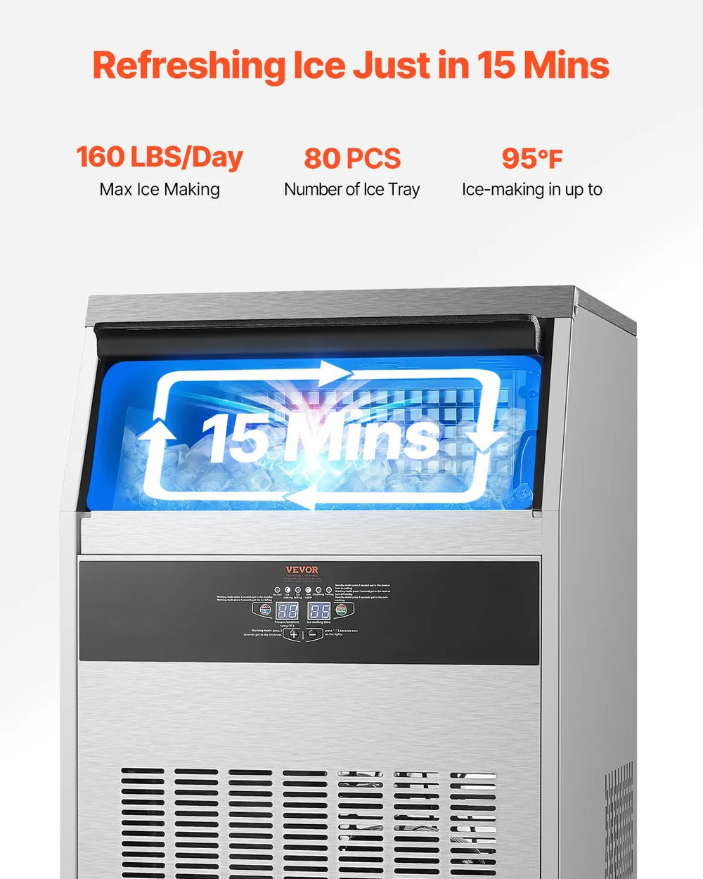 Vevor Commercial Ice Maker with Drain Pump 160lbs/Day 66 lbs. Storage New