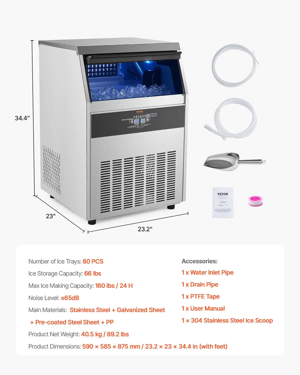 Vevor Commercial Ice Maker with Drain Pump 160lbs/Day 66 lbs. Storage New