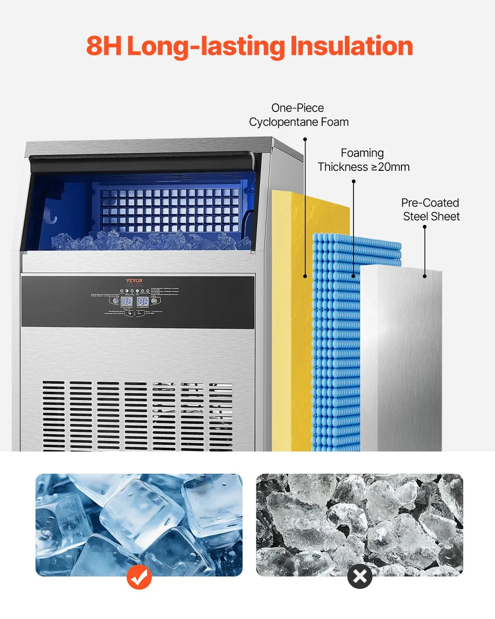 Vevor Commercial Ice Maker 200 Lbs/Day 66 Lbs Storage Capacity Self-Cleaning New