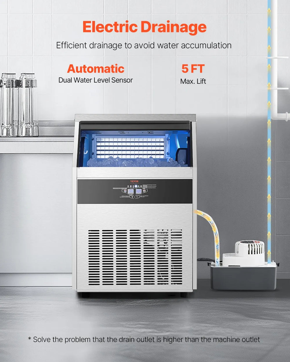 Vevor Commercial Ice Maker 200 Lbs/Day 66 Lbs Storage Capacity Self-Cleaning New