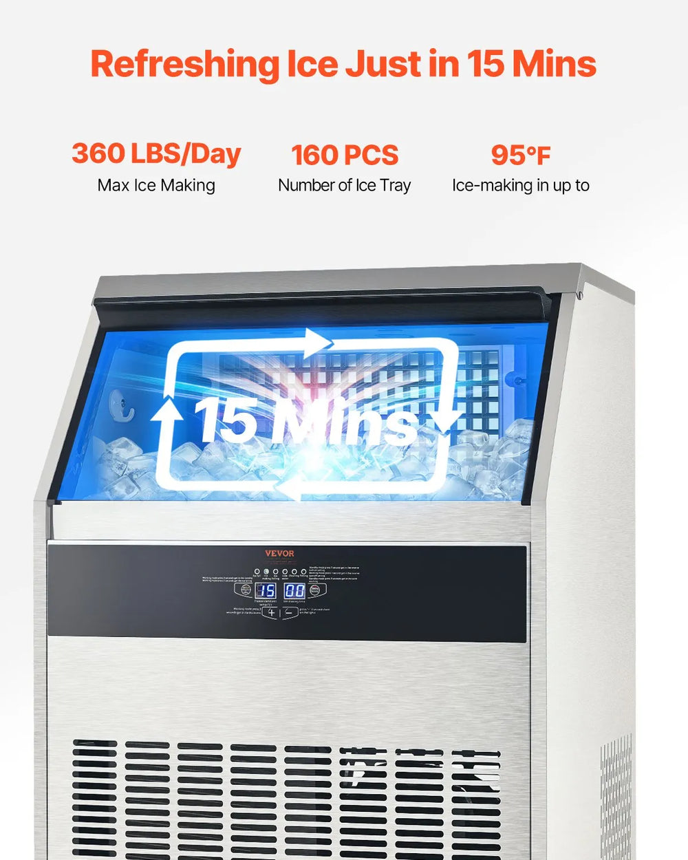 Vevor Commercial Ice Maker 360 Lbs/Day 88 Lbs Storage Capacity Self-Cleaning New