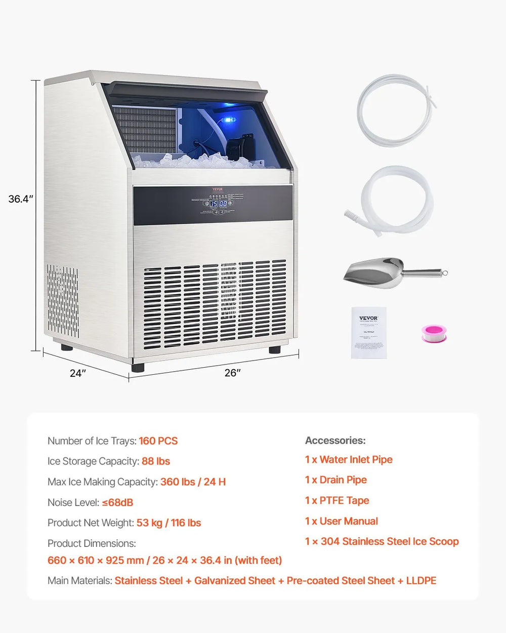 Vevor Commercial Ice Maker 360 Lbs/Day 88 Lbs Storage Capacity Self-Cleaning New