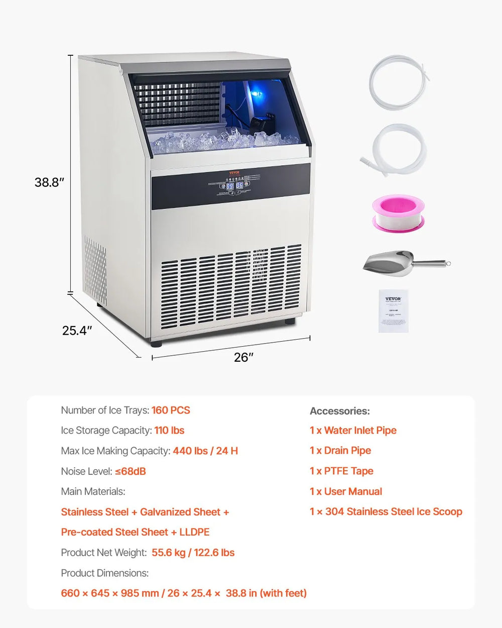 Vevor Commercial Ice Maker 440 Lbs/Day 110 Lbs Storage Capacity Self-Cleaning New