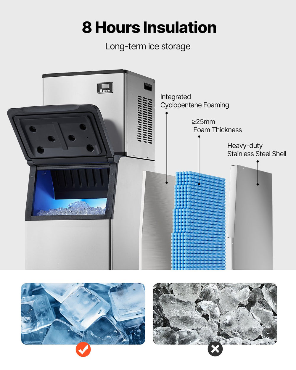 Vevor Commercial Ice Maker 500 Lbs/Day with 300 Lbs Storage Self-Cleaning Touchscreen New