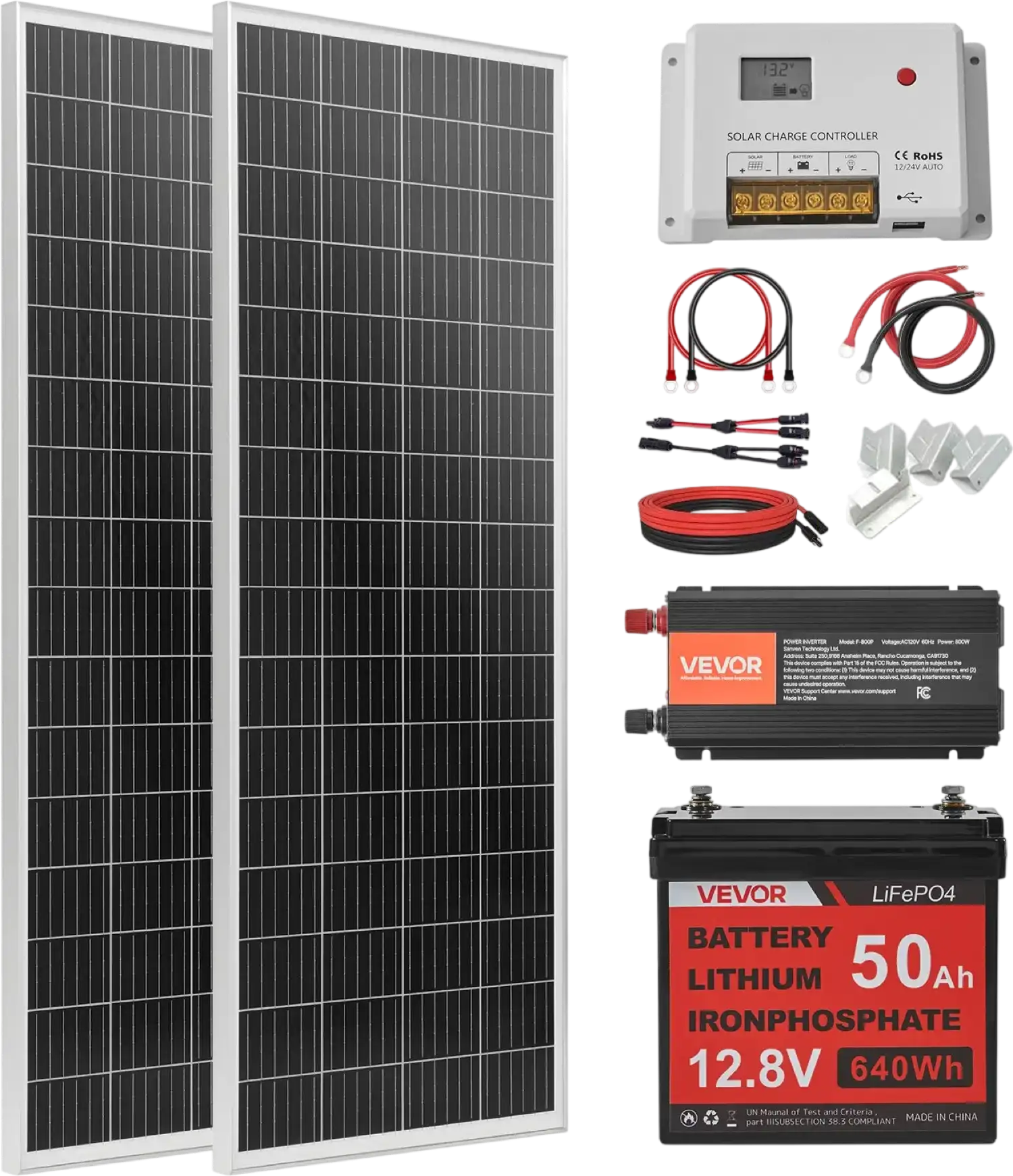 Vevor Solar Power Kit 200W 12V with 2 100W Panels LFP Battery 800W Inverter New