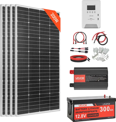 Vevor Solar Power Kit 800W 12V with 4 Solar Panels LFP Battery MPPT Controller Power Inverter New
