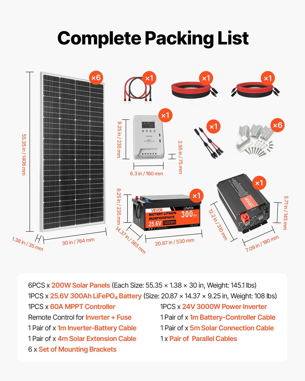 Vevor Solar Power Kit 1200W 24V with 6 Panels LFP Battery MPPT Controller Power Inverter New