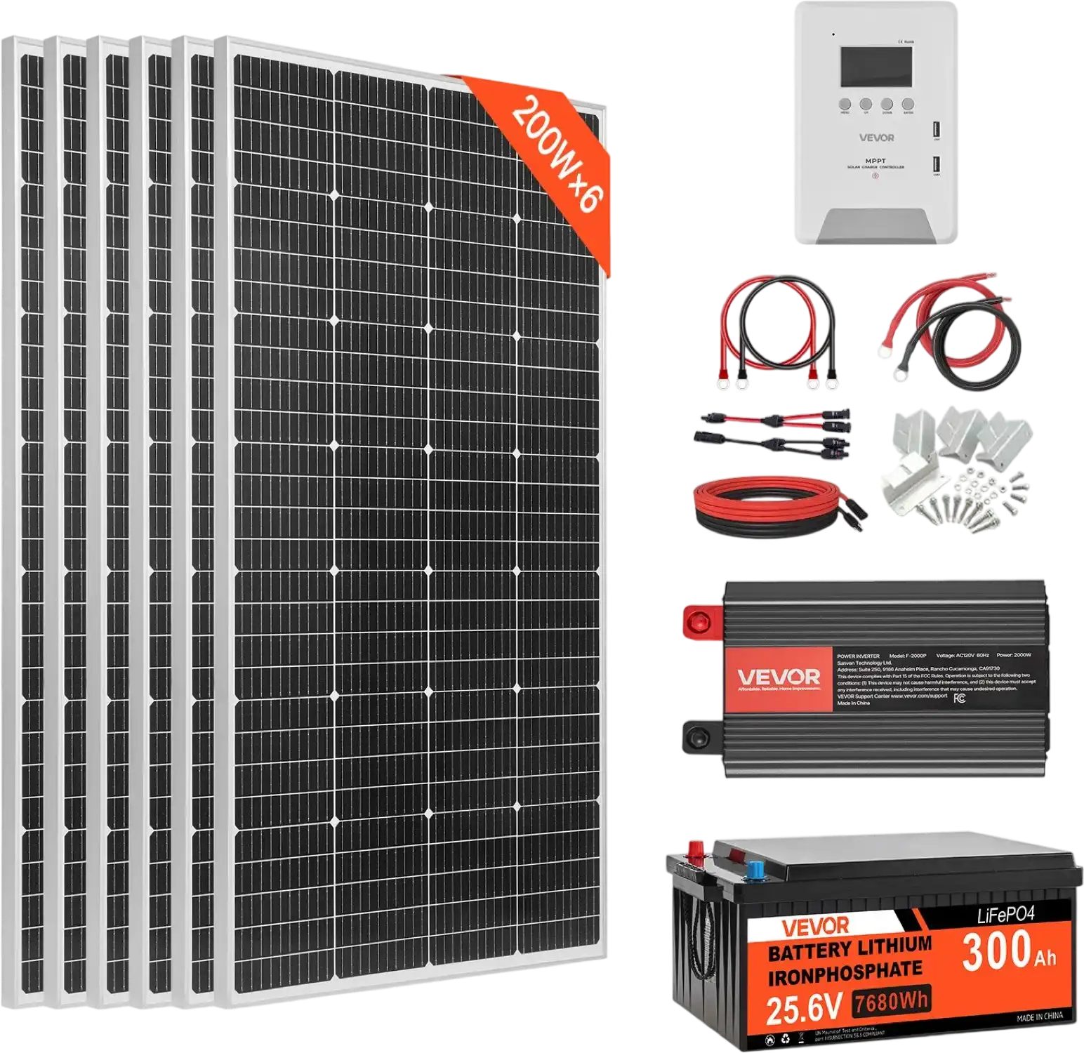Vevor Solar Power Kit 1200W 24V with 6 Panels LFP Battery MPPT Controller Power Inverter New