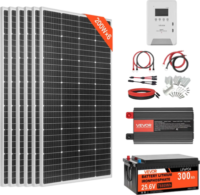 Vevor Solar Power Kit 1200W 24V with 6 Panels LFP Battery MPPT Controller Power Inverter New