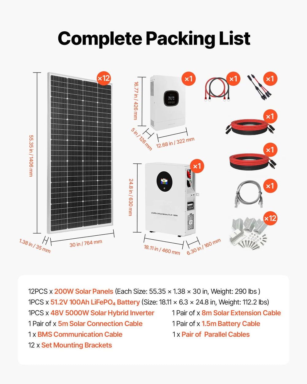 Vevor Solar Power Kit 2400W 48V with 12 200W Panels LFP Battery Hybrid Inverter New