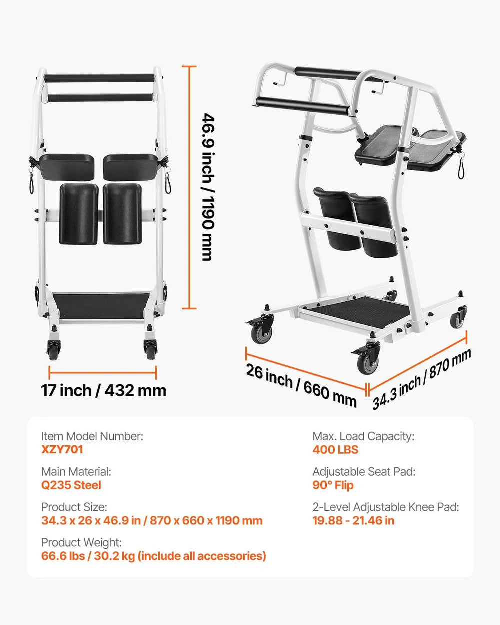 Vevor Stand Assist Patient Lift Sit-to-Stand with Adjustable Knee Pads 400 Lbs Capacity New