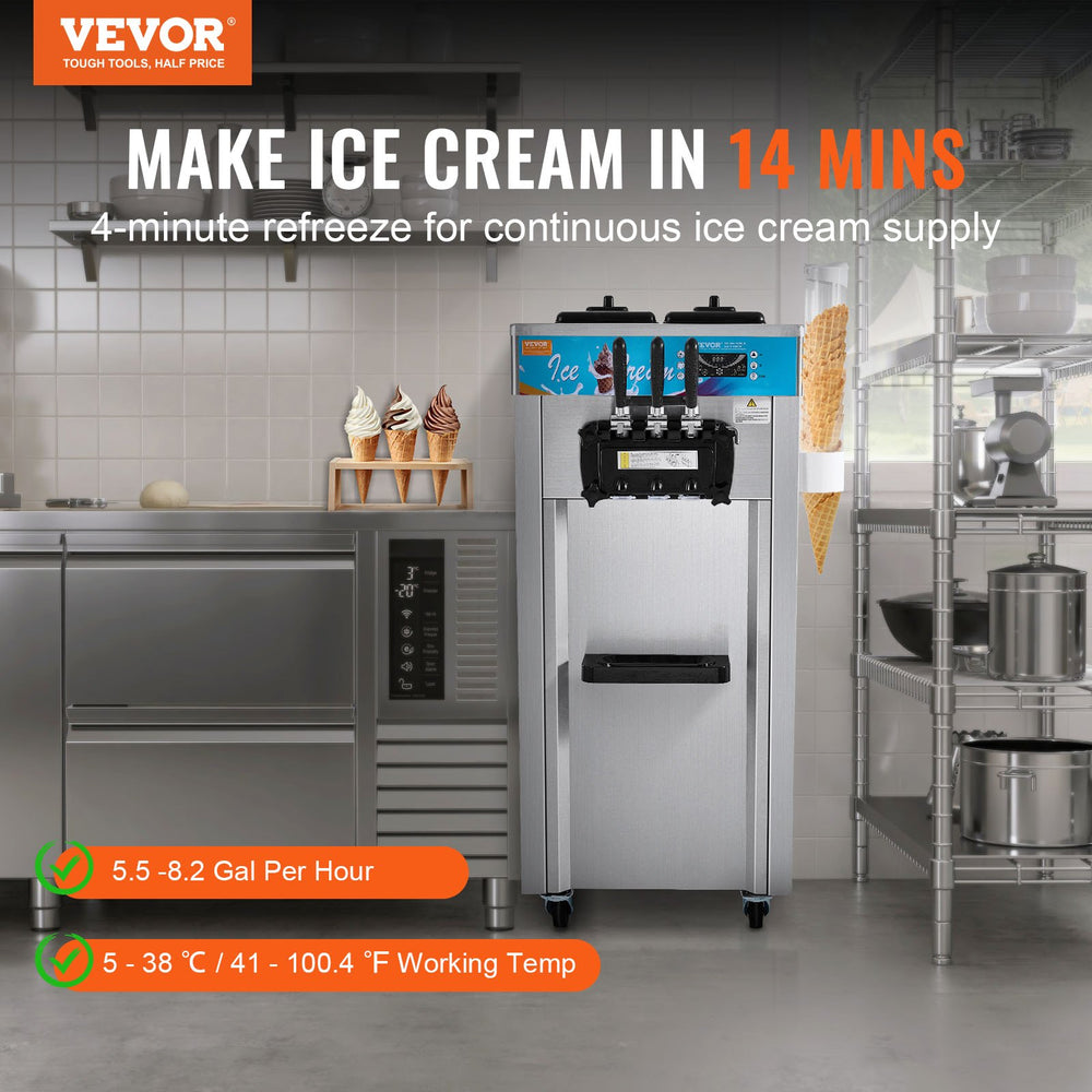 Vevor Commercial Ice Cream Machine 3-Flavor Soft Serve Maker 2 x 1.5 Gal. Hoppers 1800W New