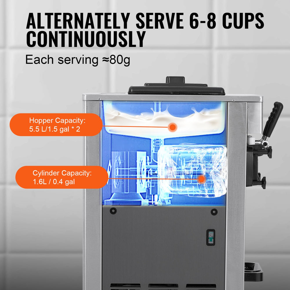 Vevor Commercial Ice Cream Machine 3-Flavor Soft Serve Maker 2 x 1.5 Gal. Hoppers 1800W New