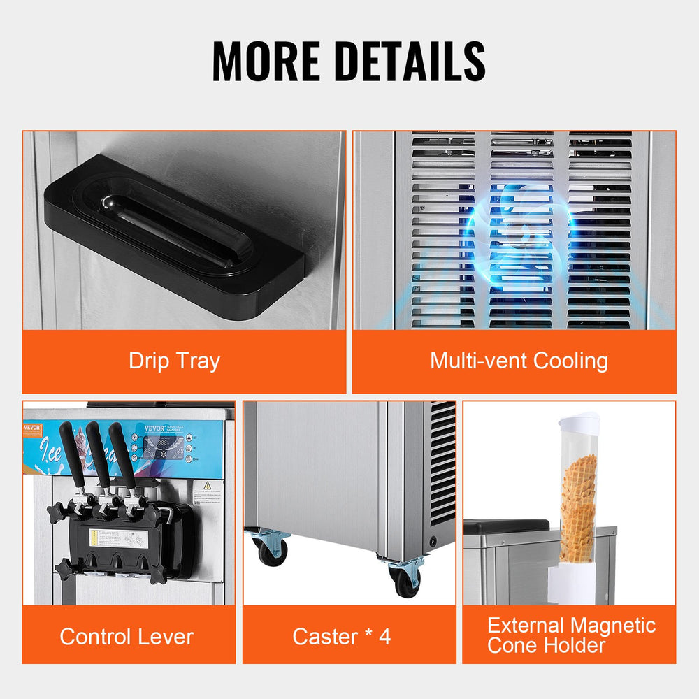 Vevor Commercial Ice Cream Machine 3-Flavor Soft Serve Maker 2 x 1.5 Gal. Hoppers 1800W New