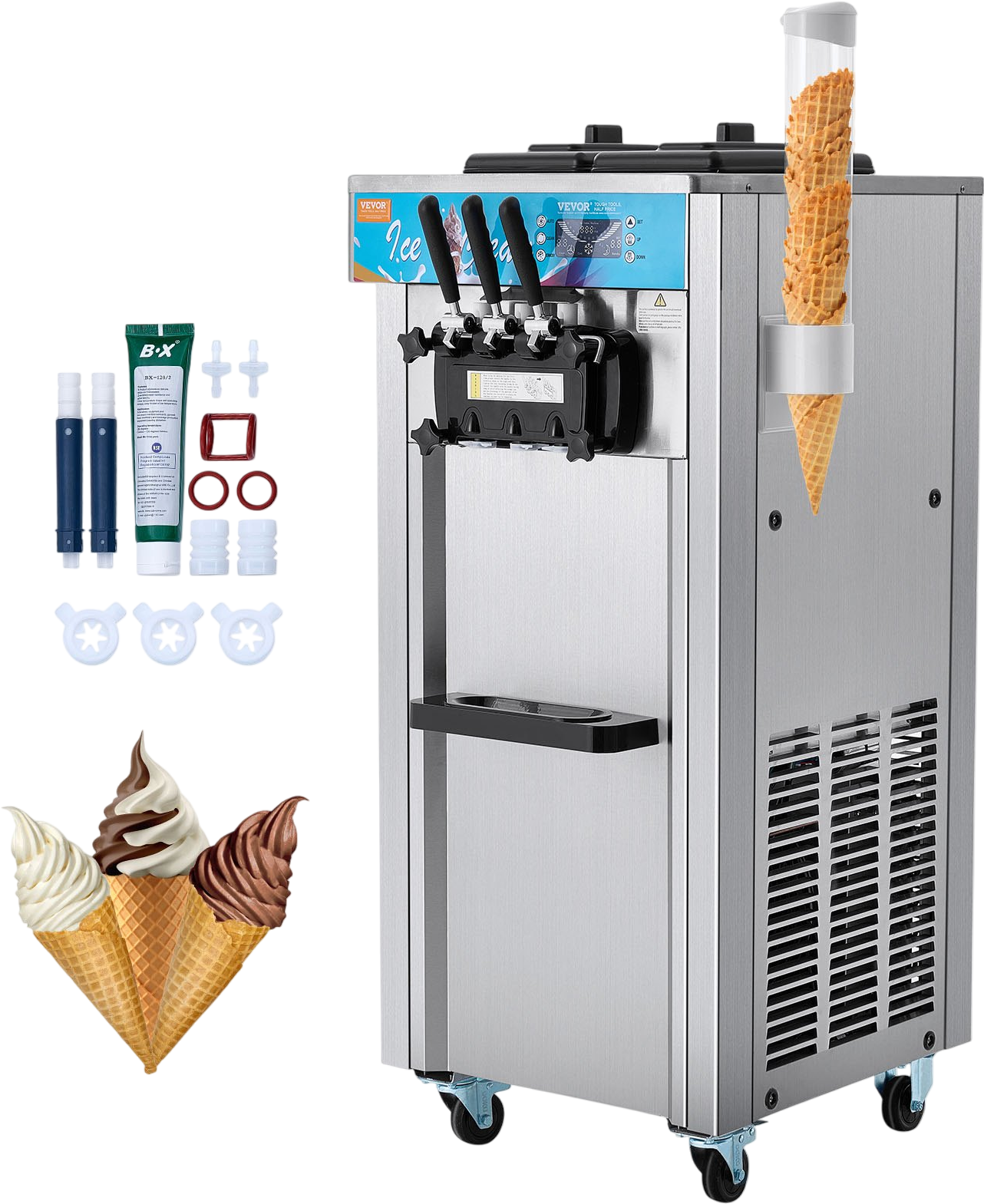 Vevor Commercial Ice Cream Machine 3-Flavor Soft Serve Maker 2 x 1.5 Gal. Hoppers 1800W New