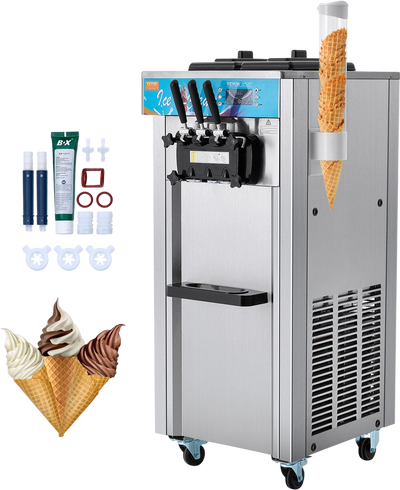 Vevor Commercial Ice Cream Machine 3-Flavor Soft Serve Maker 2 x 1.5 Gal. Hoppers 1800W New