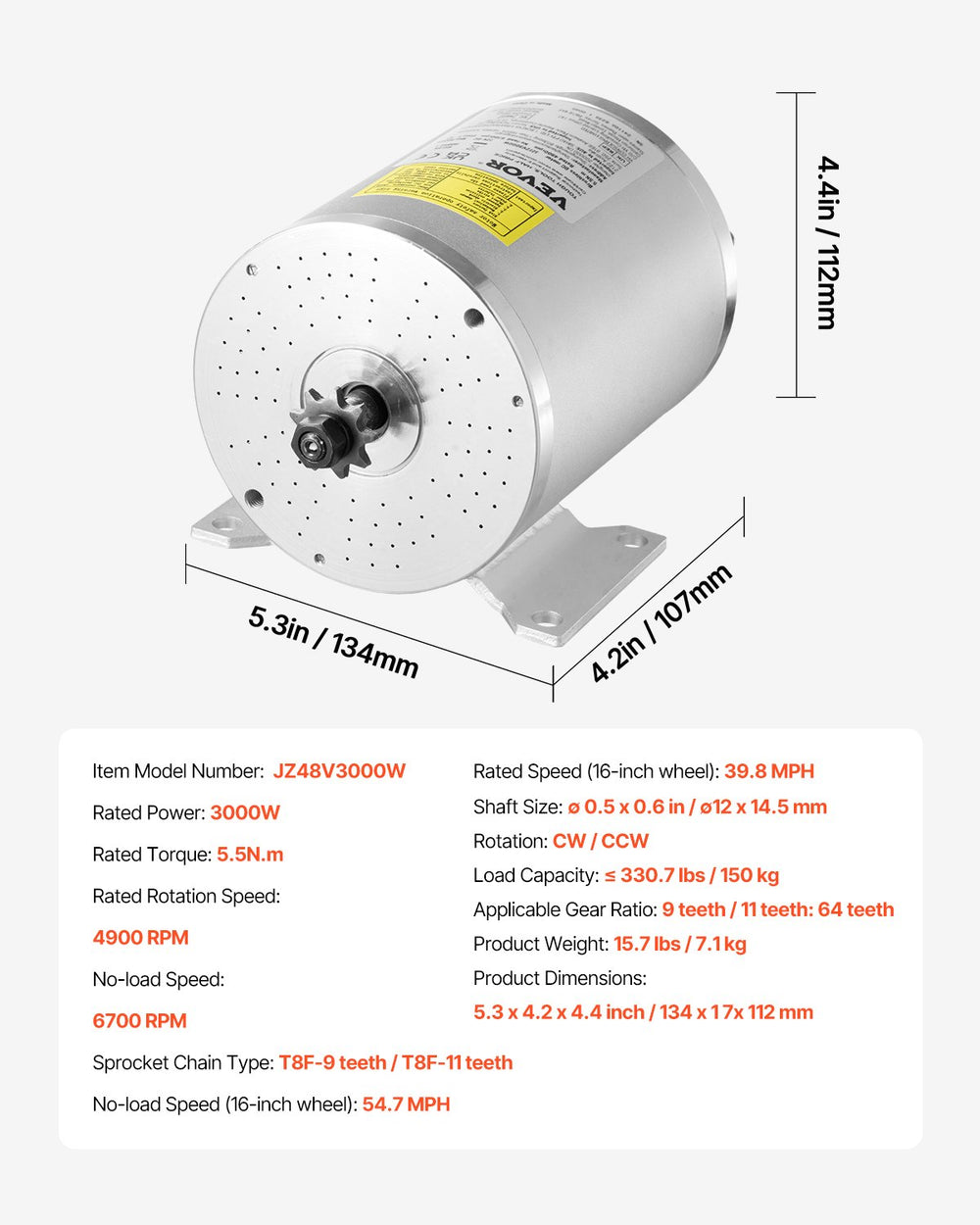 Vevor Brushless DC Motor Kit 3000W 72V 4900 RPM with Speed Controller New