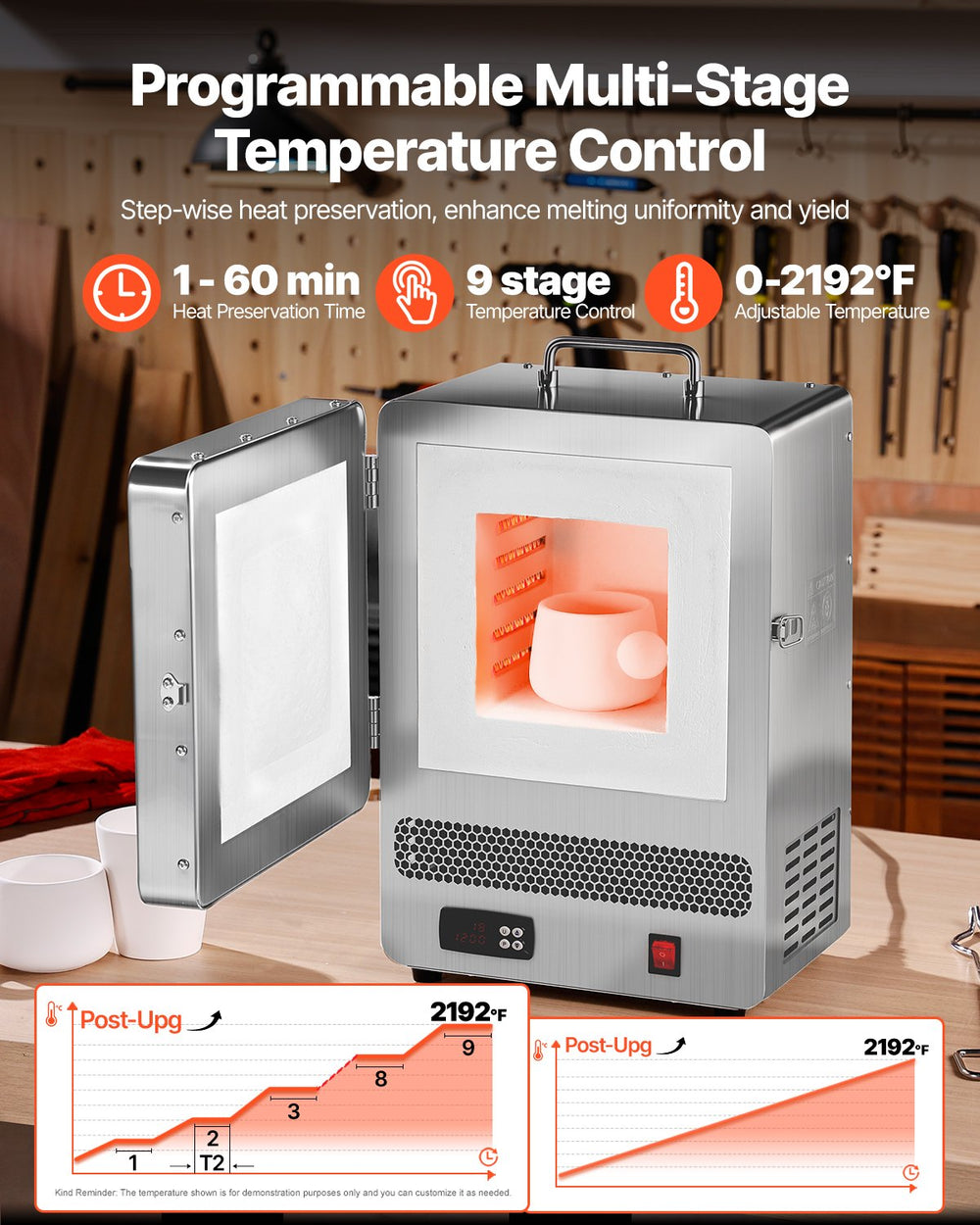 Vevor Electric Kiln Melter 2192°F Max Temp Stainless Steel 9-Stage Temp Control 1500W New