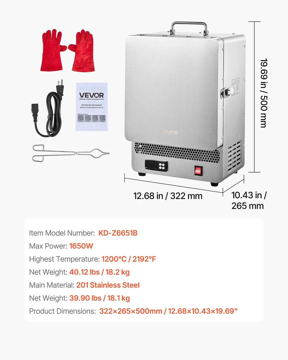 Vevor Electric Melting Furnace Kiln with Max Temperature 2192°F PID Temp Control 1650W New