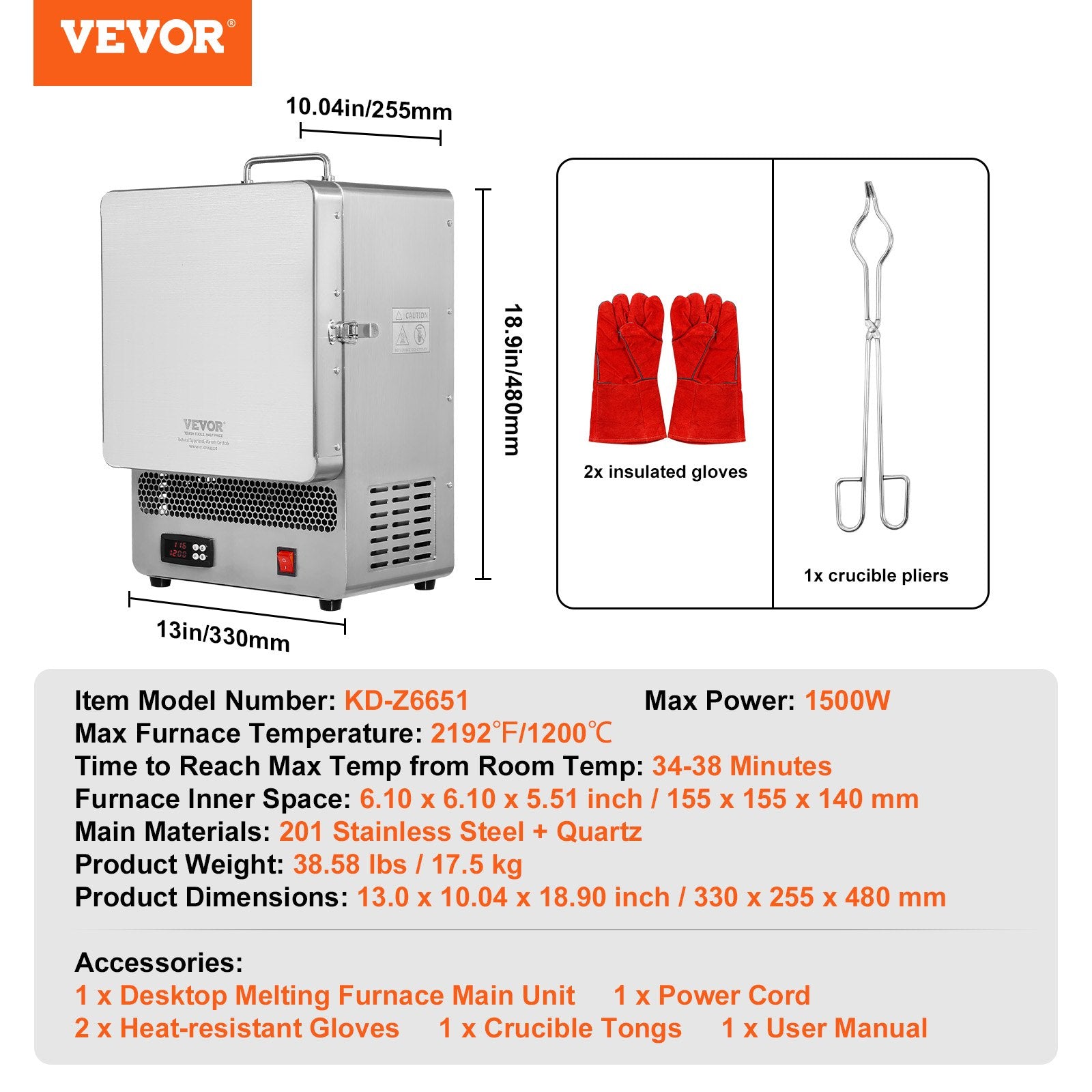 Vevor Electric Kiln 1500W Melting Furnace Max