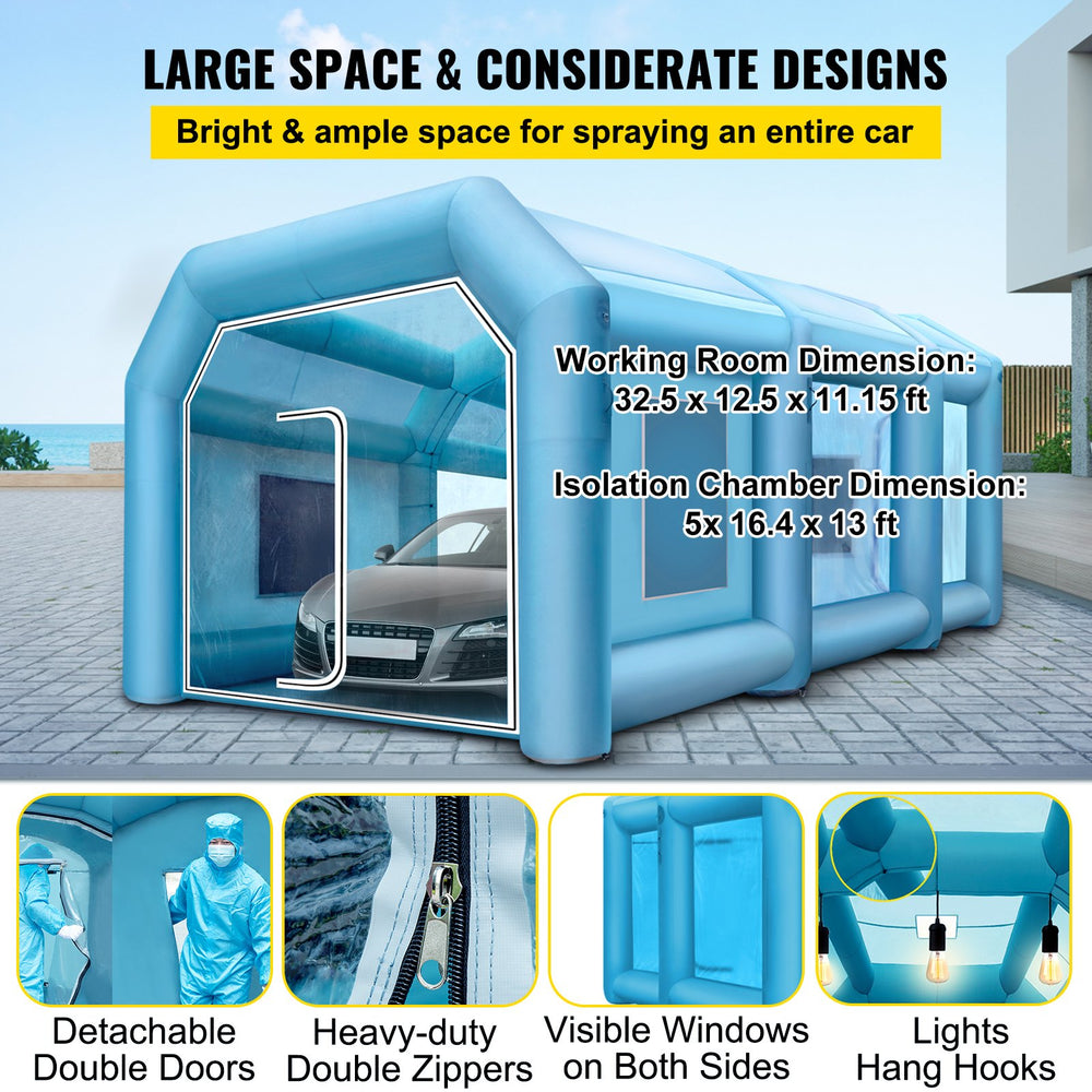 Vevor Inflatable Paint Booth 39.3' x 16.4' x 13.4' Spray Tent 1100W 350W Blowers Air Filter System New