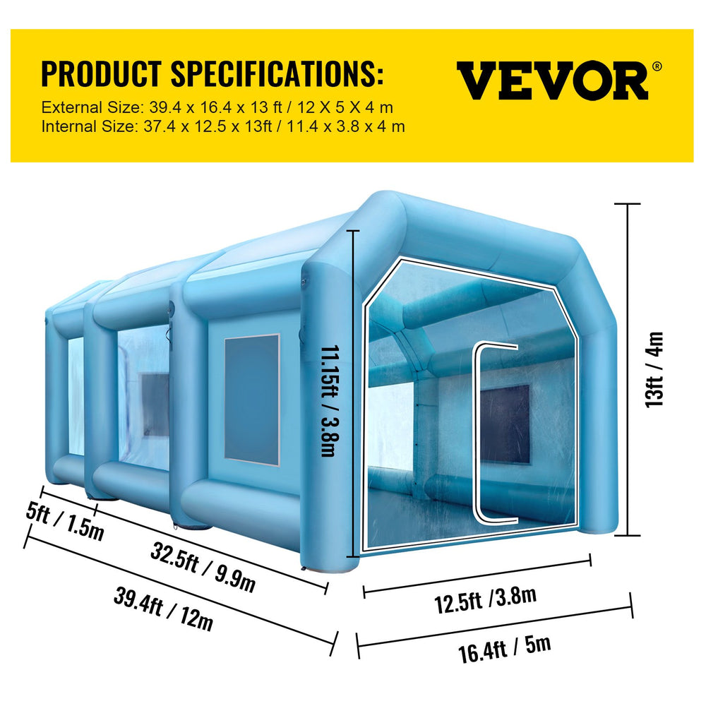 Vevor Inflatable Paint Booth 39.3' x 16.4' x 13.4' Spray Tent 1100W 350W Blowers Air Filter System New