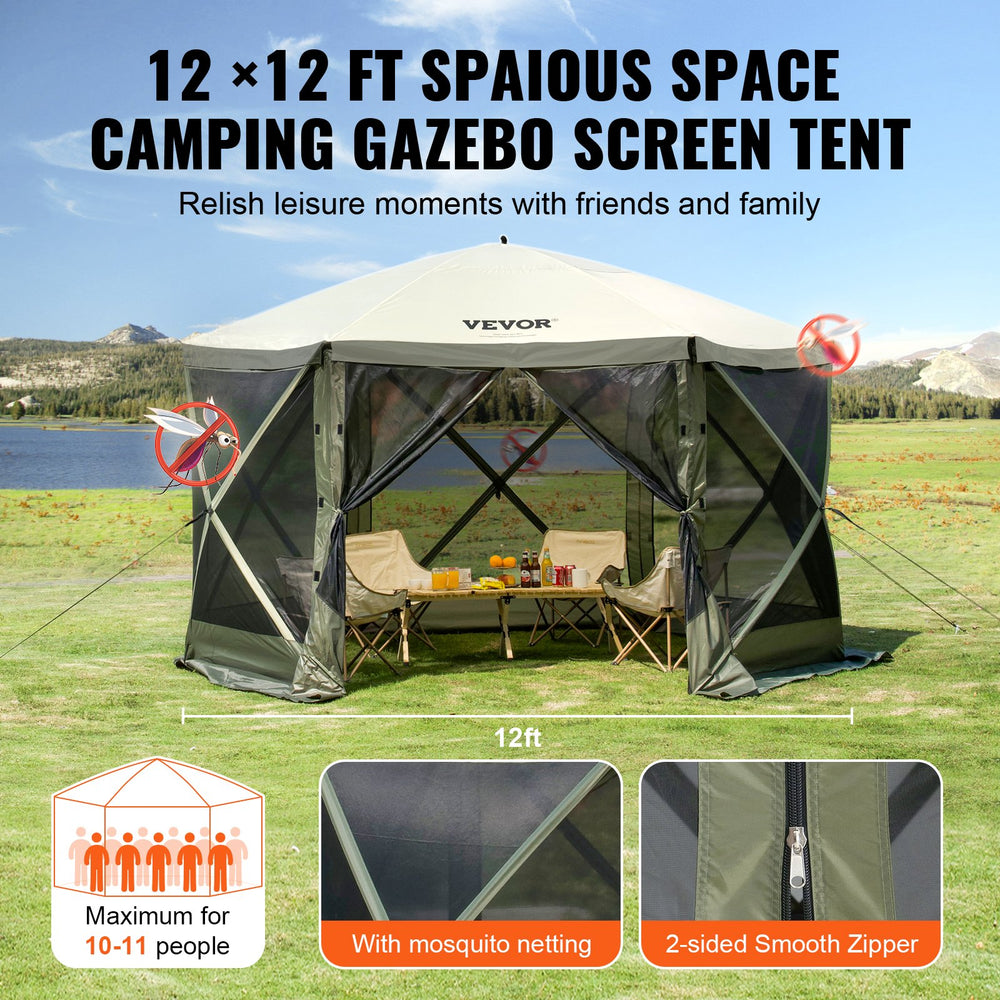 Pop Up Gazebo Tent, Pop-Up Screen Tent 6 Sided Canopy Sun Shelter with 6 Removable Privacy Wind Cloths & Mesh Windows, 12x12FT Quick Set Screen Tent