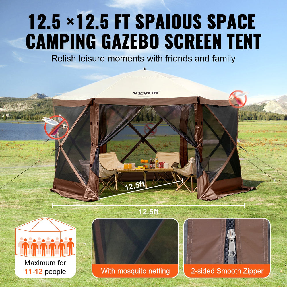 collapsible gazebo tent VEVOR Pop Up Gazebo Tent Pop-Up Screen Tent 6 Sided Canopy Sun Shelter with 6 Removable Privacy Wind Cloths & Mesh Windows 12.5x12.5FT Quick Set