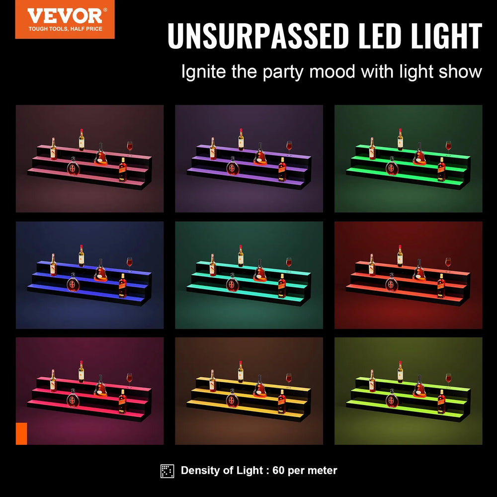 Vevor Lighted Bottle Display LED 48" 3-Step Bar Shelf with App Control New